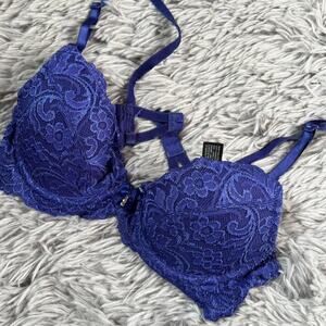 Royal blue lace sparkle fairy padded‎ push-up bra smart and sexy 34A